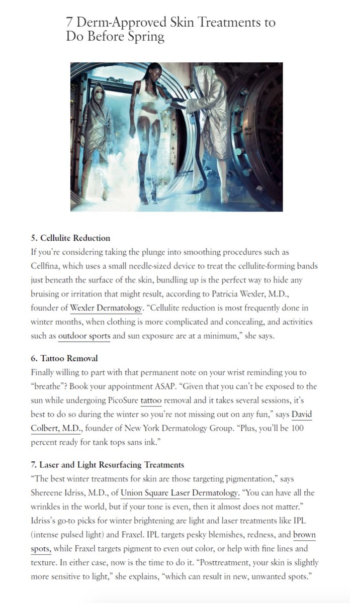 UnionDerm (@unionderm) on Twitter photo “The best winter treatments for skin are those targeting pigmentation,” Dr. Idriss tells <a href="/voguemagazine/">Vogue Magazine</a>.
Read why she recommends getting Intense Pulsed Light (IPL) and Fraxel treatments during the winter months rather than the spring. “The best winter treatments for skin are those targeting pigmentation,” Dr. Idriss tells <a href="/voguemagazine/">Vogue Magazine</a>.
Read why she recommends getting Intense Pulsed Light (IPL) and Fraxel treatments during the winter months rather than the spring.