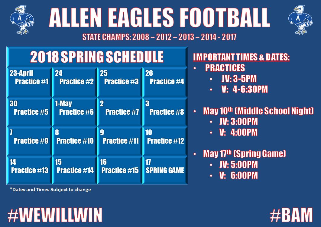alleneaglesfb's tweet image. Spring Football - 2018
April 23 - May 17
M-TH: Varsity Practice 4-6:30
Spring Game: May 17th
#WeWillWin #BAM