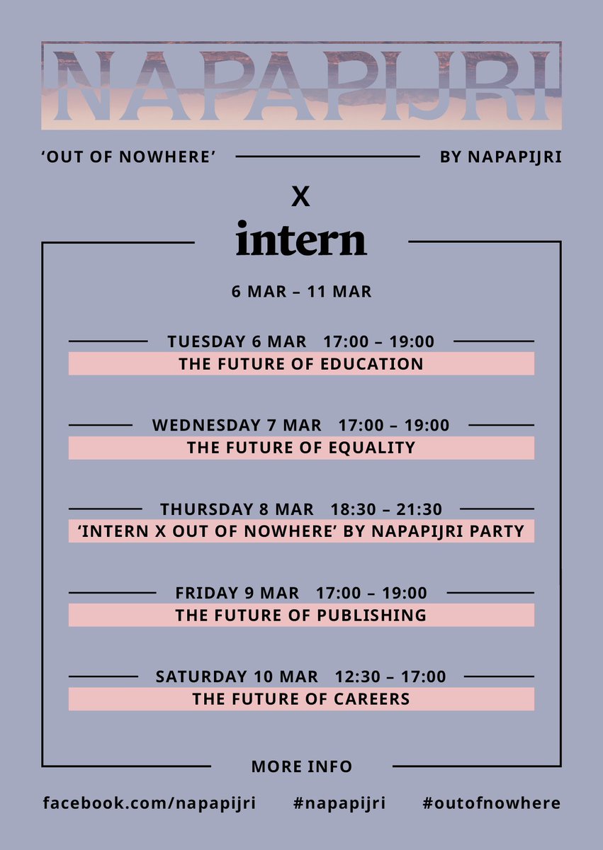 ThisIsIntern's tweet image. Join us in #London next week for #outofnowhere with @Napapijri. A series of #free panel discussions focussed on the future of the creative industries. Click the link for lineup, details and to RSVP→bit.ly/InternXNapa