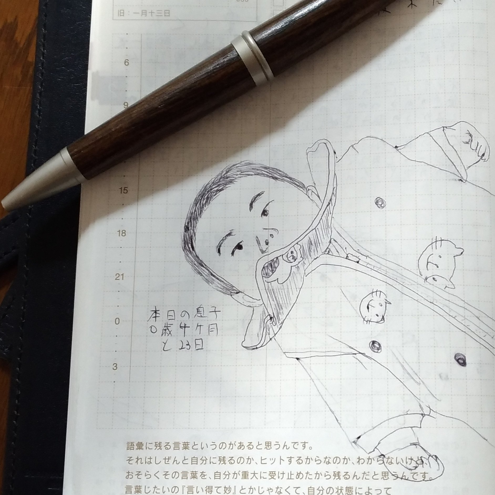 ノブ Osaka Sennan Pa Twitter 本日の息子 スタイがなかなか正面に収まらないのでドーナツスタイなるものにチャレンジ 武士っぽくなりました ほぼ日手帳 一日一ｏ氏 1日1息子 似顔絵 赤ちゃん 画伯 イラスト 絵 ほぼ日 三菱puremaltボールペン 三菱