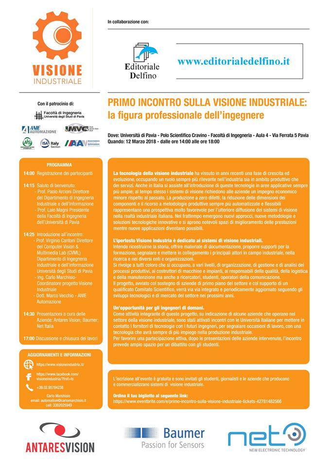 ItaliaFoodTec's tweet photo. Lunedì 12 marzo 2018, ore 14:00 - 18:00
Primo incontro sulla VISIONE INDUSTRIALE. Polo Scientifico Cravino, Facoltà d'Ingegneria - Aula 4, Università di Pavia #IndustrialNetworks #Engineering # https://t.co/ik0Ikj6gys