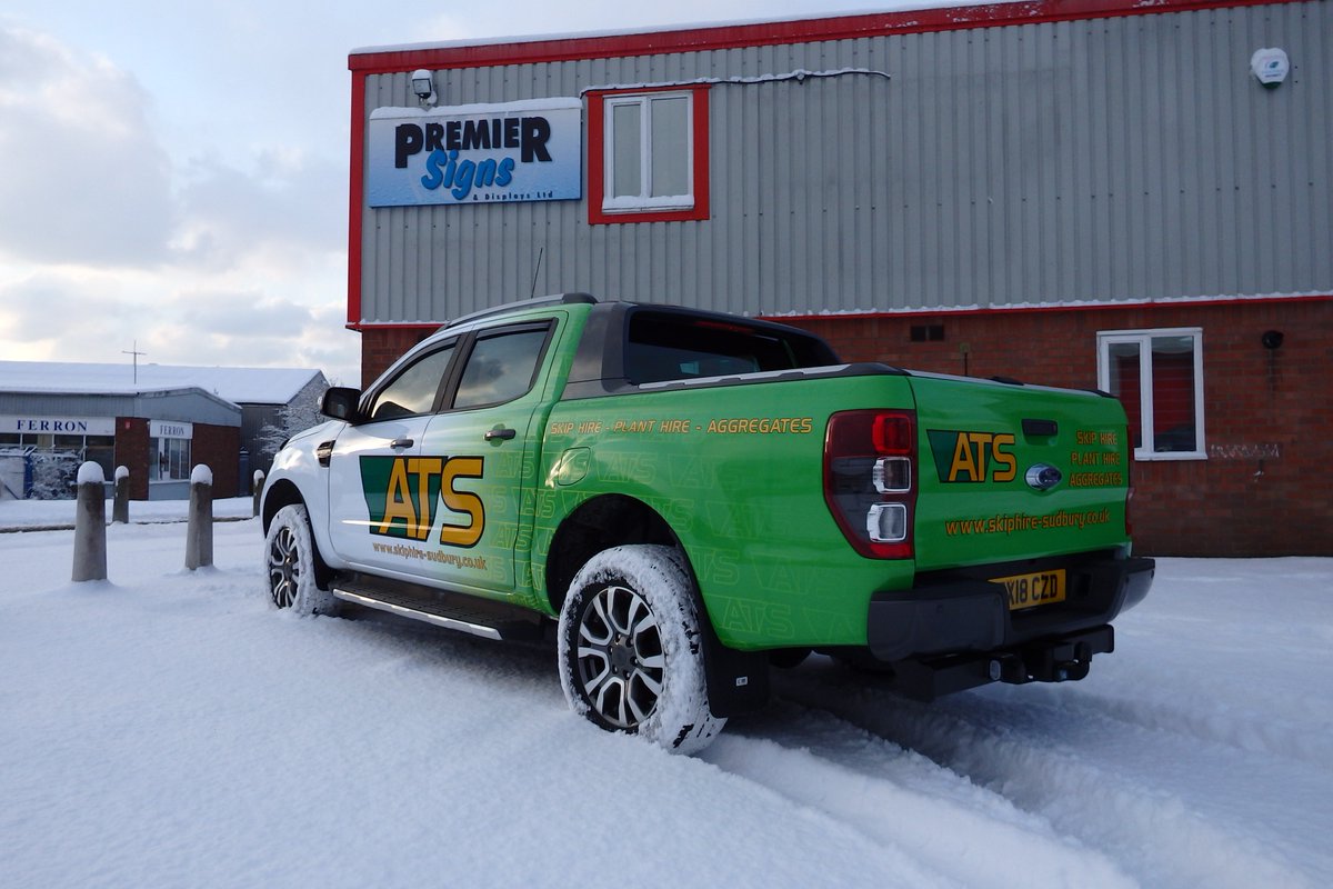 PremierSignsLtd's tweet photo. It will take more than the 'Beast from the East' to stop this 'Beast from ATS' wrapped in printed and reflective vinyls. All wrapped and ready for it's first day of work tomorrow with ATS Mini Skips #18reg #18plate #fordranger #IJ180 #newreg #premiersigns #premierwraps https://t.co/UtGyx69RQU