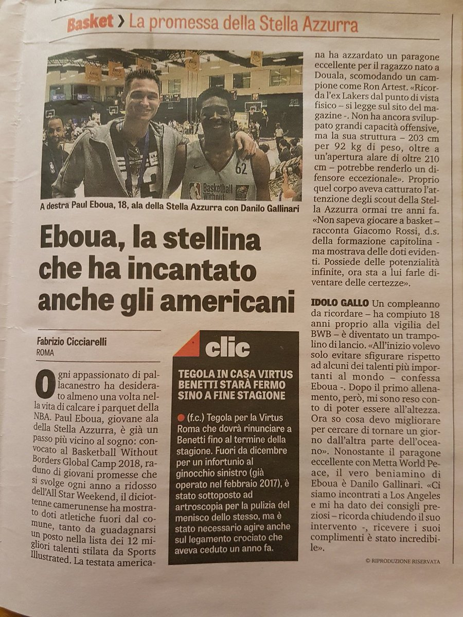 StellazzurraBk's tweet photo. E voi La La Gazzetta dello Sport 🗞 l'avete presa oggi? 🏀 E' un tiro da non mancare! #Eboua @gallinari8888 @LAClippers #BWBGlobal @NBA #madeinStella @Gazzetta_it 
https://t.co/t58P9FIlvg https://t.co/GvaDDnlejl