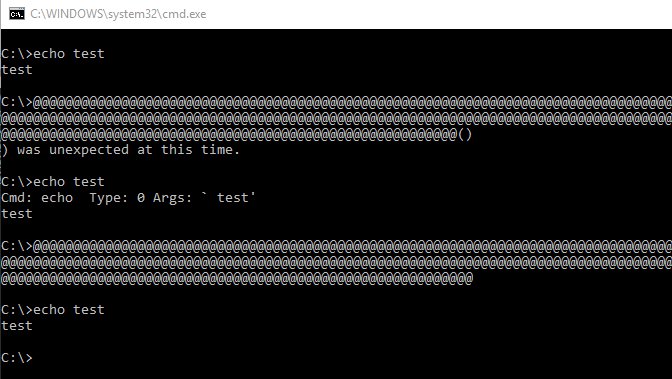 ReneFreingruber's tweet image. My this weeks most useless finding: Buffer Overflow in cmd.exe can be used to enable debug mode when more than 256 chars are used (StatementType[] can hold 256 entries, type of ( is 0x33 and therefore enables debug mode. Disable via @ which has type 0x00)