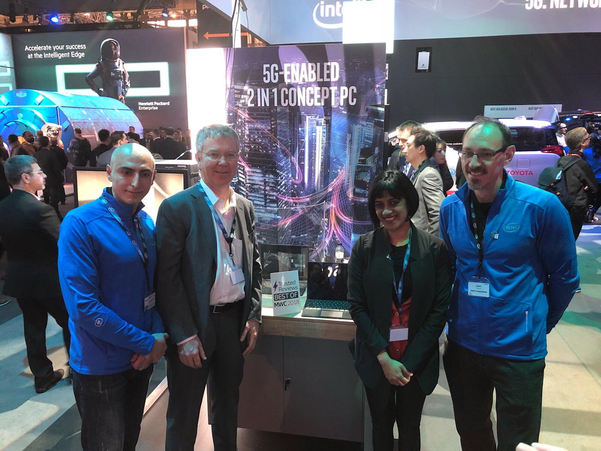 robjtopol's tweet photo. Excited and thankful for the MWC best of 2018 award for our 5G enabled 2 in 1 concept PC. Intel booth is the place to see live, multi-vendor, interoperable 5G solutions #IamIntel #MWC2018 #intel5gfieldtested #notinthelab https://t.co/8zFY6TCZBM