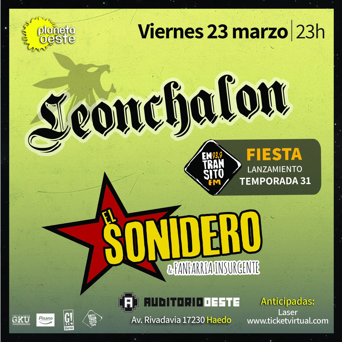 En #Marzo se viene <a href="/LeonChalon_Ofi/">Leonchalon Reggae</a> y @ELSONIDEROok al <a href="/AuditorioOeste/">Auditorio Oeste</a>. 
Las entradas en Laser y Ticket Virtual!