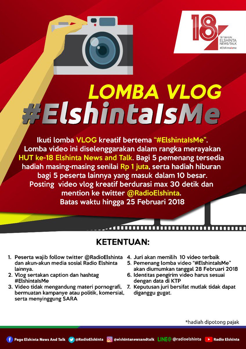 RadioElshinta's tweet image. Selamat kepada 5 pemenang lomba Vlog kreatif bertema #ElshintaIsMe Anda berhak mendapatkan hadiah utama masing-masing senilai 1 juta rupiah  : 
@Masbro_S 
@diegotaka 
@ndankcredible 
@ndryman 
@Zahra_zahra 

#ElshintaNewsRadio