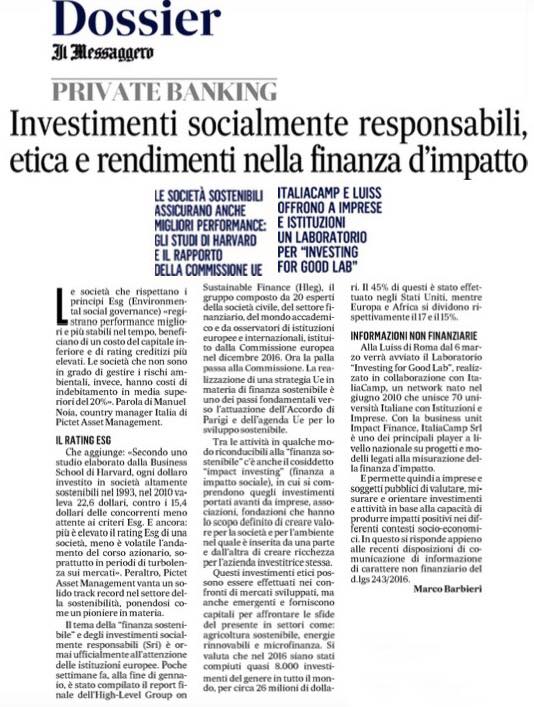 Italiacamp's tweet photo. Su @ilmessaggeroit si parla dell’#InvestingForGoodLab e del contesto economico-istituzionale che gli fa da sfondo. Il corso che abbiamo ideato insieme alla @UniLUISS, prenderà il via il 6 marzo 🥇 https://t.co/UlhFaz6TKU