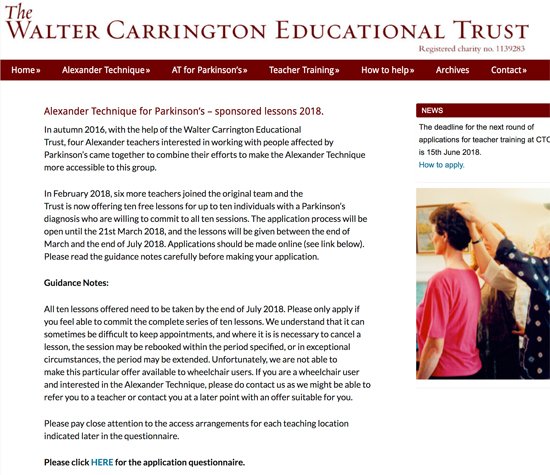 Opportunity for 10 FREE Alexander Technique lessons for up to ten individuals with a #Parkinsons diagnosis, sponsored by the Walter Carrington Educational Trust: wcet.org.uk/index.php/work…