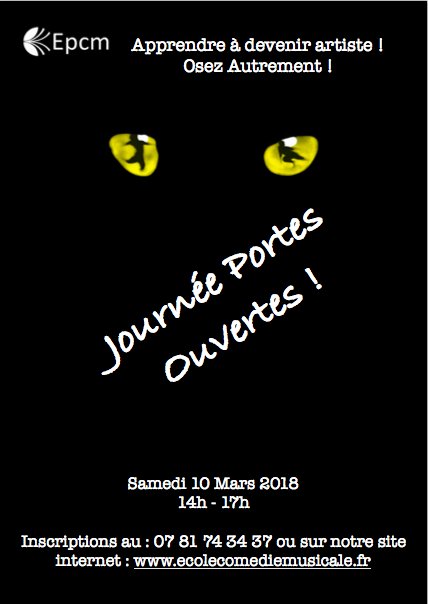 J-10 ! Samedi 10 Mars 2018 l'EPCM aura le plaisir de vous ouvrir ses portes ... Il est toujours possible de s'inscrire en quelques clics sur notre site internet 😉 A cette occasion : un cours de danse, un cours de chant et un cours de théâtre. De 14h à 17h !
