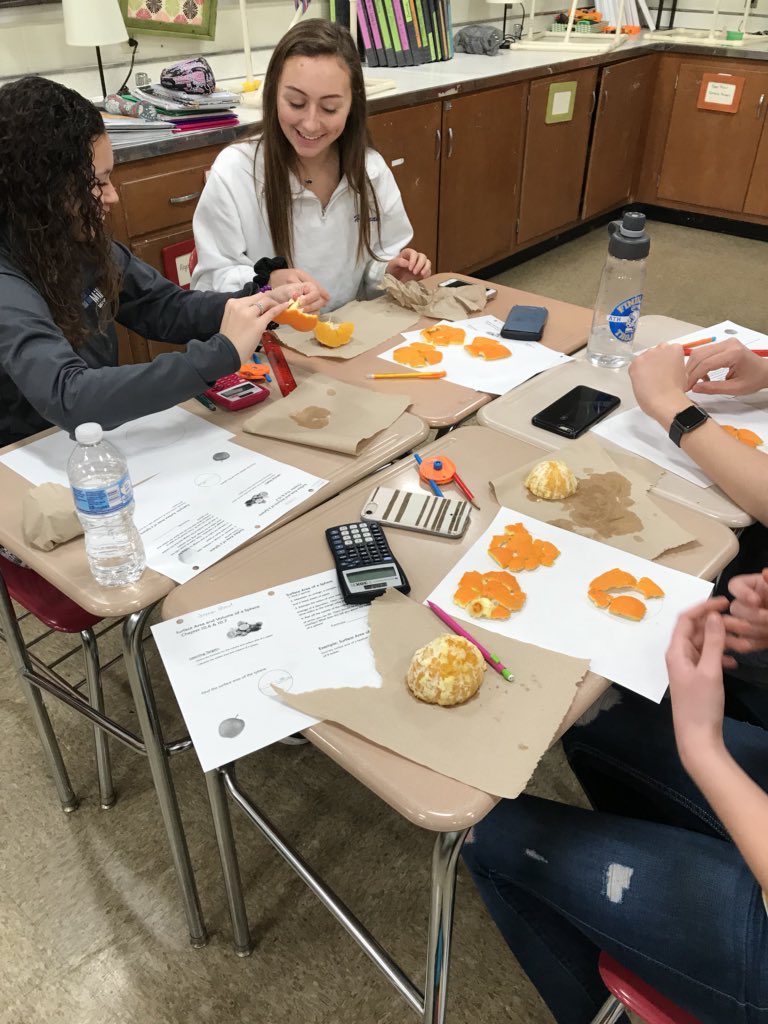 kouwenga's tweet photo. We are approximating the formulas for the surface area and volume of spheres using oranges.   Educational and tasty.  #FCSincubator https://t.co/y9EmkGcHTm