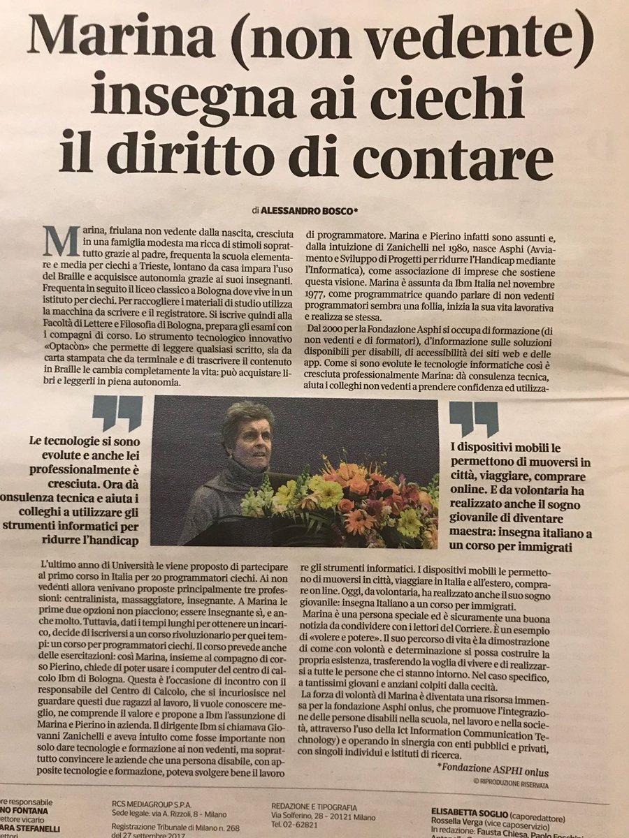 FondazioneAsphi's tweet photo. Marina, una collega, una risosa preziosa, ma sopratutto un'amica  ( non vedente ) insegna ai ciechi il diritto di contare ( Corriere della Sera) https://t.co/jBCMA0Aum9