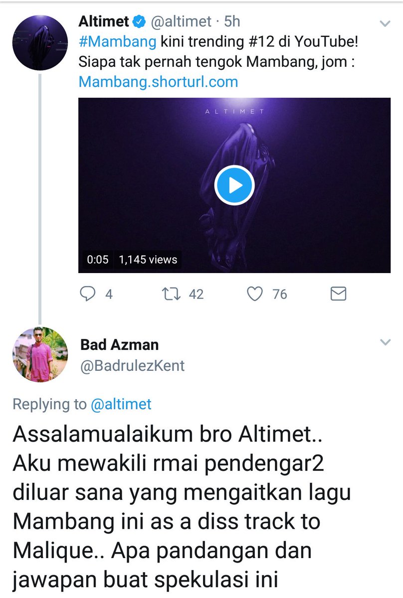Bad Azman Pa Twitter Altimet Dah Buat Penjelasan Berkenaan Lagu Mambang Yang Dipercayai Diss Track Towards Malique And Seriously Lagu Ni Seram Dgr Dia Punya Aura Layan Hbis Terbaik Altimet One Of