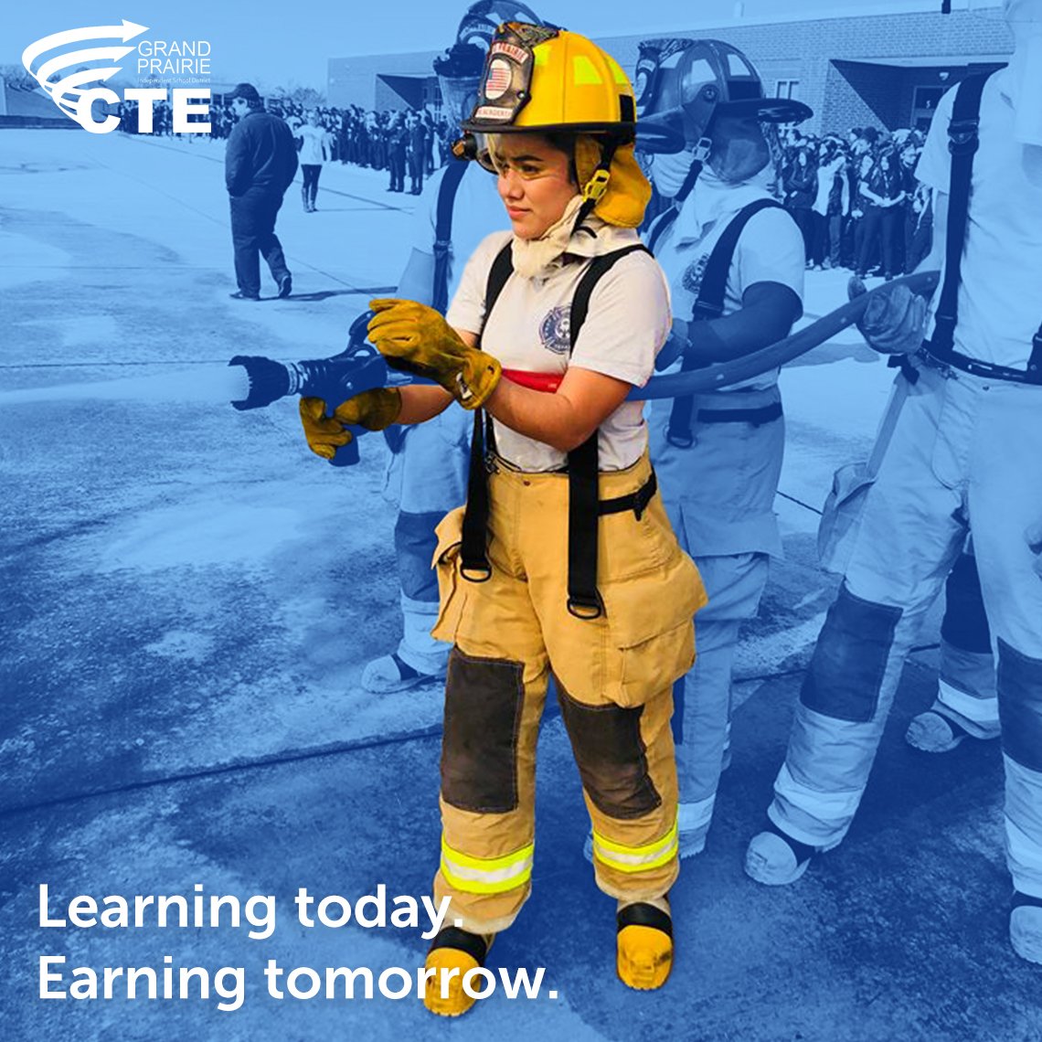 grandprairieisd's tweet photo. Maria, senior @GPHSGophers, knew she wanted to be a firefighter after she noticed there were no women on the firetruck that visited her elementary school. See what she is learning as part of the Firefighter Academy: https://t.co/80uYdMRqe9 #CTEMonth #LearningTodayEarningTomorrow https://t.co/vOh3IoLfI5