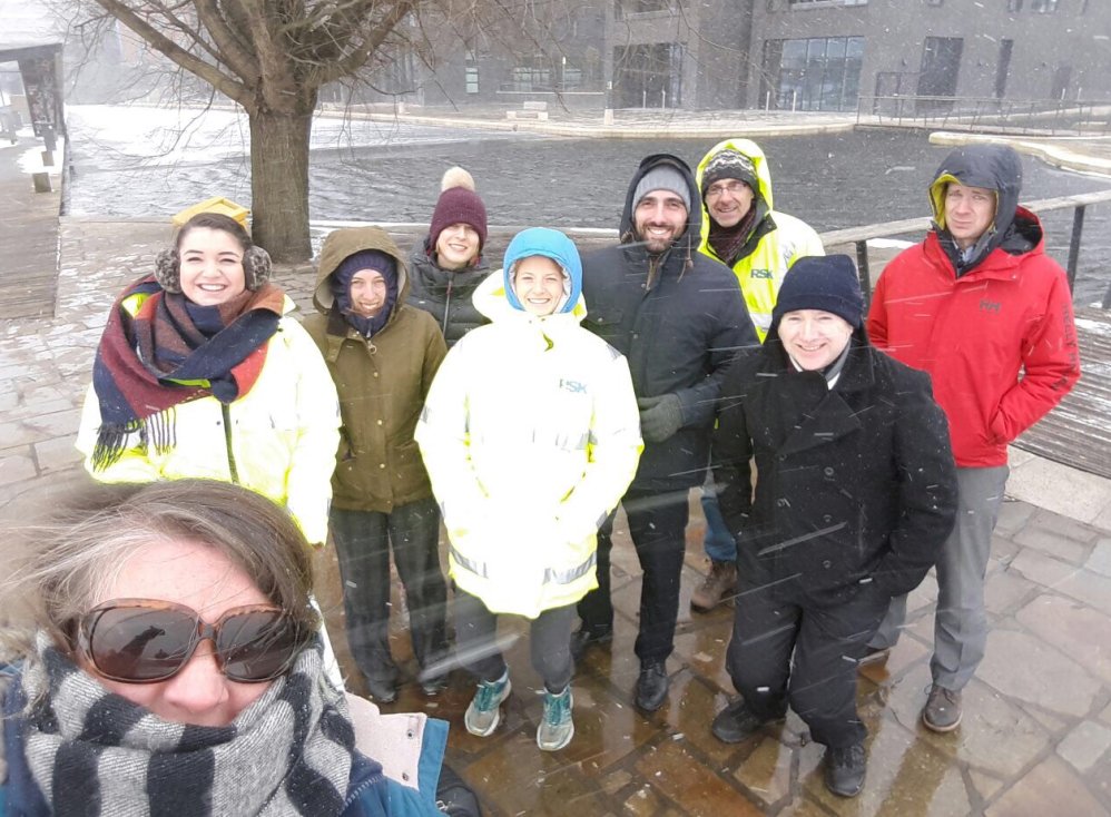 RSKLandscape's tweet photo. Brave souls from the Manchester office headed out on a walking tour of Cotton Fields, New Islington despite #TheBeastFromTheEast to up our step count for the #RSKPedometerChallenge @RSKGroup https://t.co/LULbnd38uf