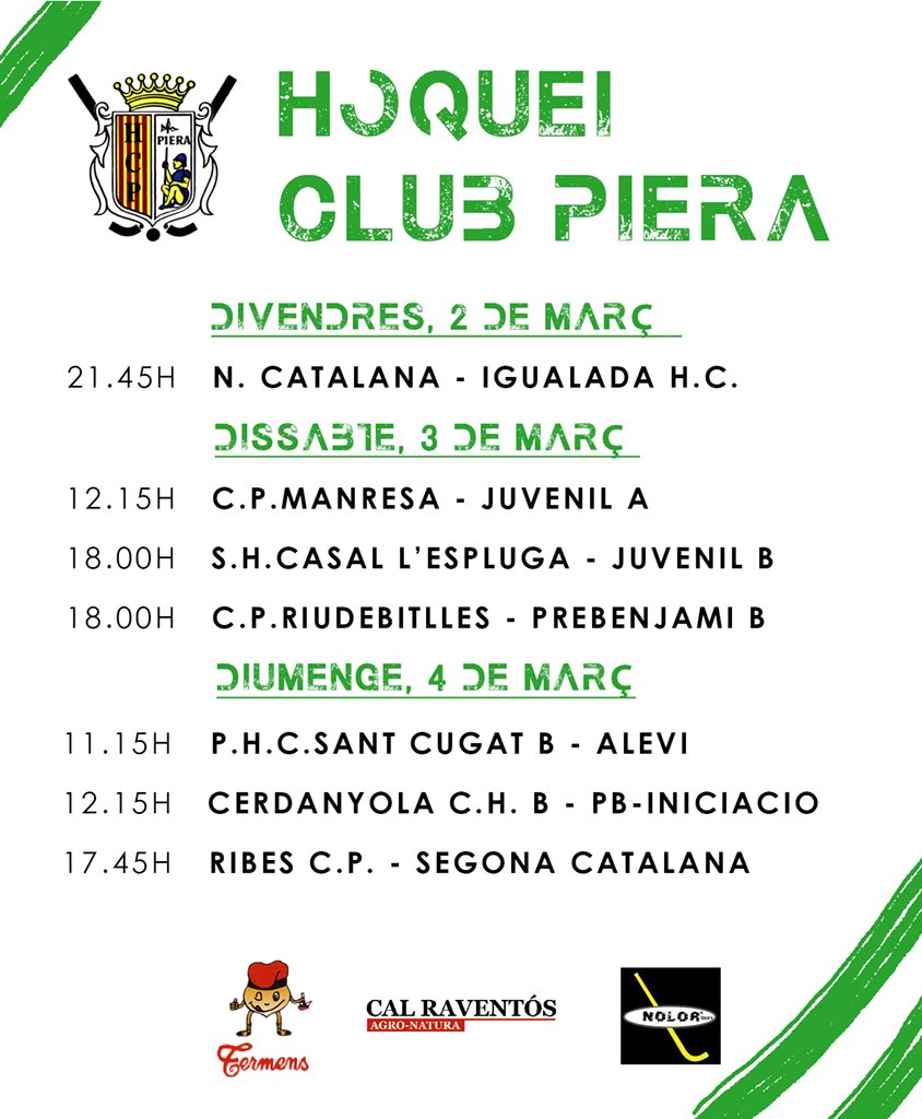 Horaris d’aquesta setmana
#SOMHIPIERA #Piera #hoquei