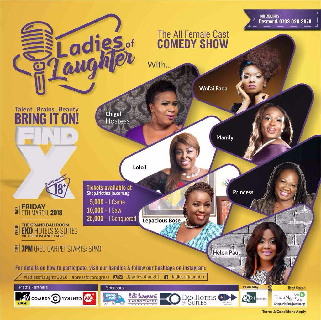 thelady_ma's tweet image. Are you ready for the #ladiesoflaughtr2018 show!  It’s an All Female Cast Comedy Show @theonlychigul our host and also performing alongside @officiallolo1 @princesscomedian @itshelenpaul @mandycomedienne @lepaciuosbose @wofaifada @maraji_ @oyinboprincess #ladiesoflaughtr2018