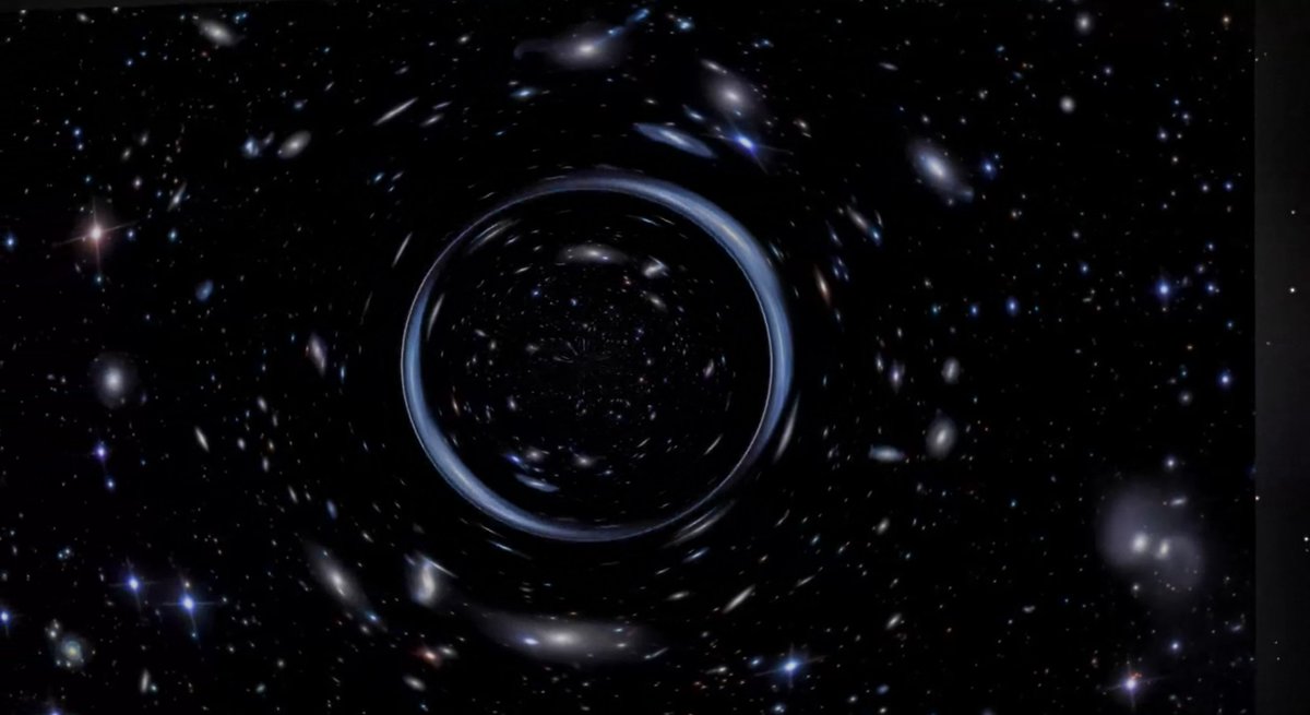 WFIRSTScience's tweet image. Striking animation of how #WFIRST will measure the impact of dark matter on visible light. Galaxy clusters warps space-time and bend the light from bkgnd galaxies.  #WFIRST will obtain #Hubble quality images across the entire extent of 100s of clusters, svs.gsfc.nasa.gov/20244