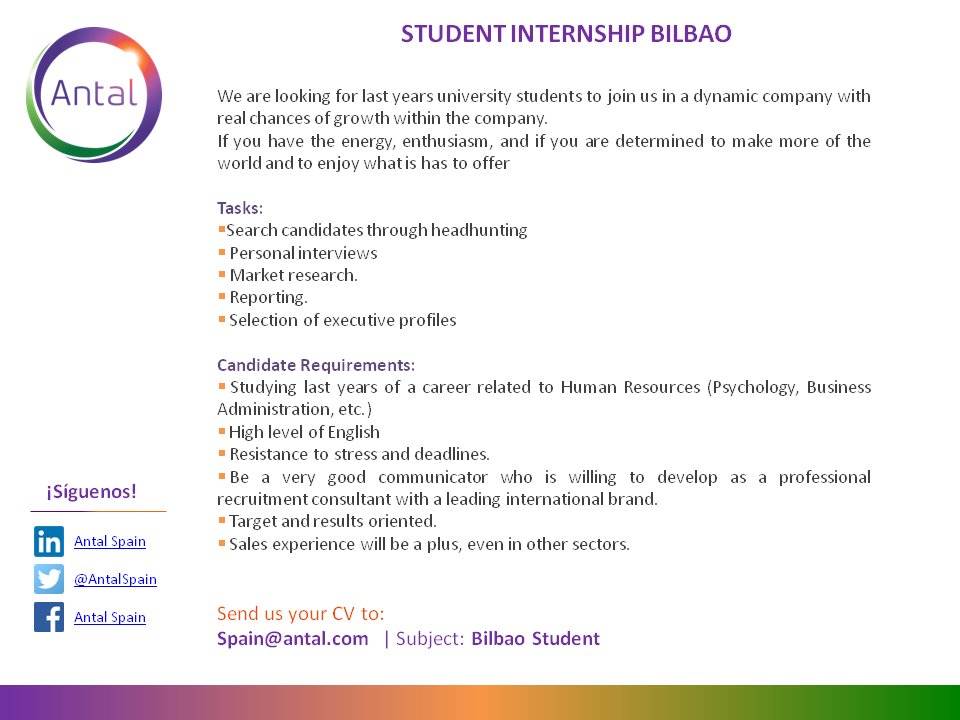 AntalSpain's tweet photo. Síguenos para más ofertas interesantes! #Internship #Bilbao #Recruiting #AntalSpain https://t.co/aXuw3C1nKr