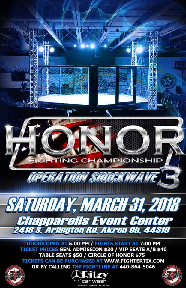 HonorFighting's tweet photo. The fastest growing #mma promotion in #America returns to action on March 31st in #Akron #Ohio when we present #HFC3 #OperationShockwave! Tix available at https://t.co/Mk9gzErhFw! https://t.co/qpqoTe8pbS