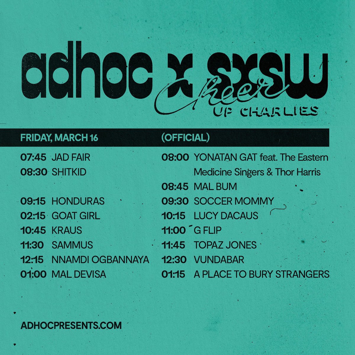 NEW! <a href="/adhocfm/">AdHoc</a> returns to #SXSW with another stacked lineup! Join them at <a href="/CheerUpCharlies/">Cheer Up Charlies</a> on 3/16!