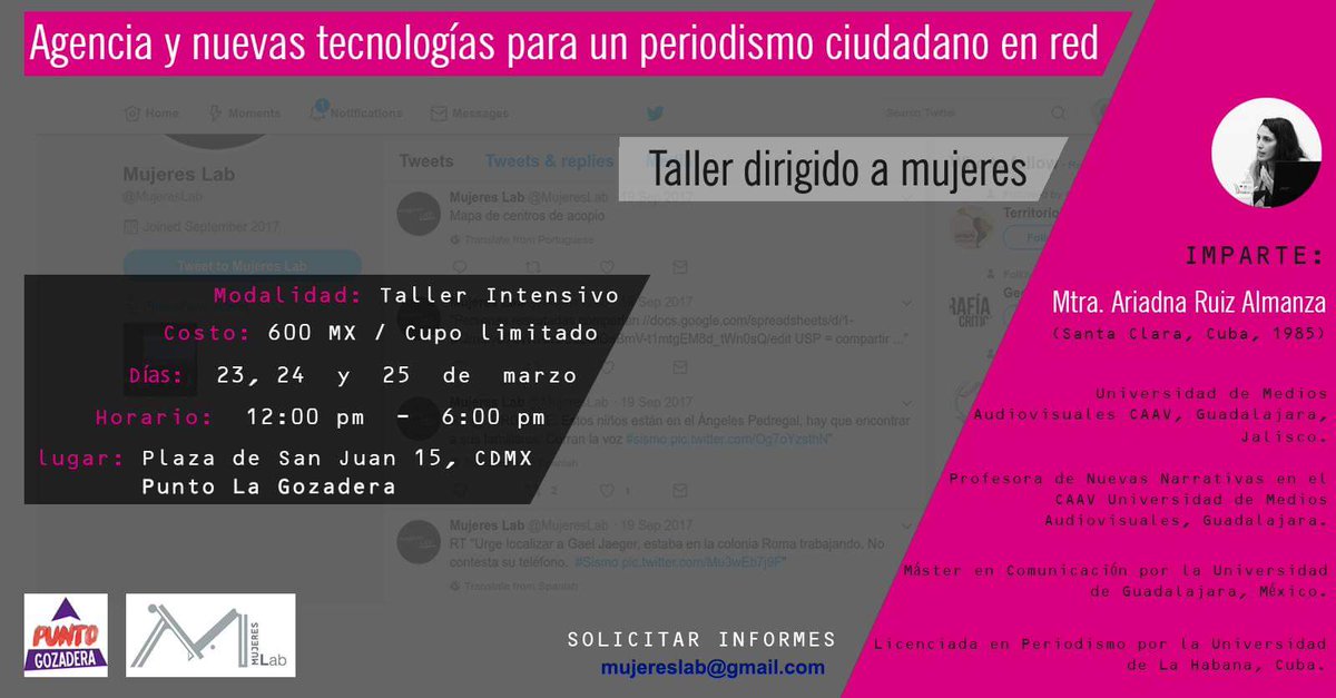 Castillofemi's tweet photo. Taller sobre periodismo digital y ciudadano, dirigido a mujeres
#MujeresLab del 23 al 25 Marzo; en La Gozadera, info mujereslab@gmail.com https://t.co/ynfBGxb6DO