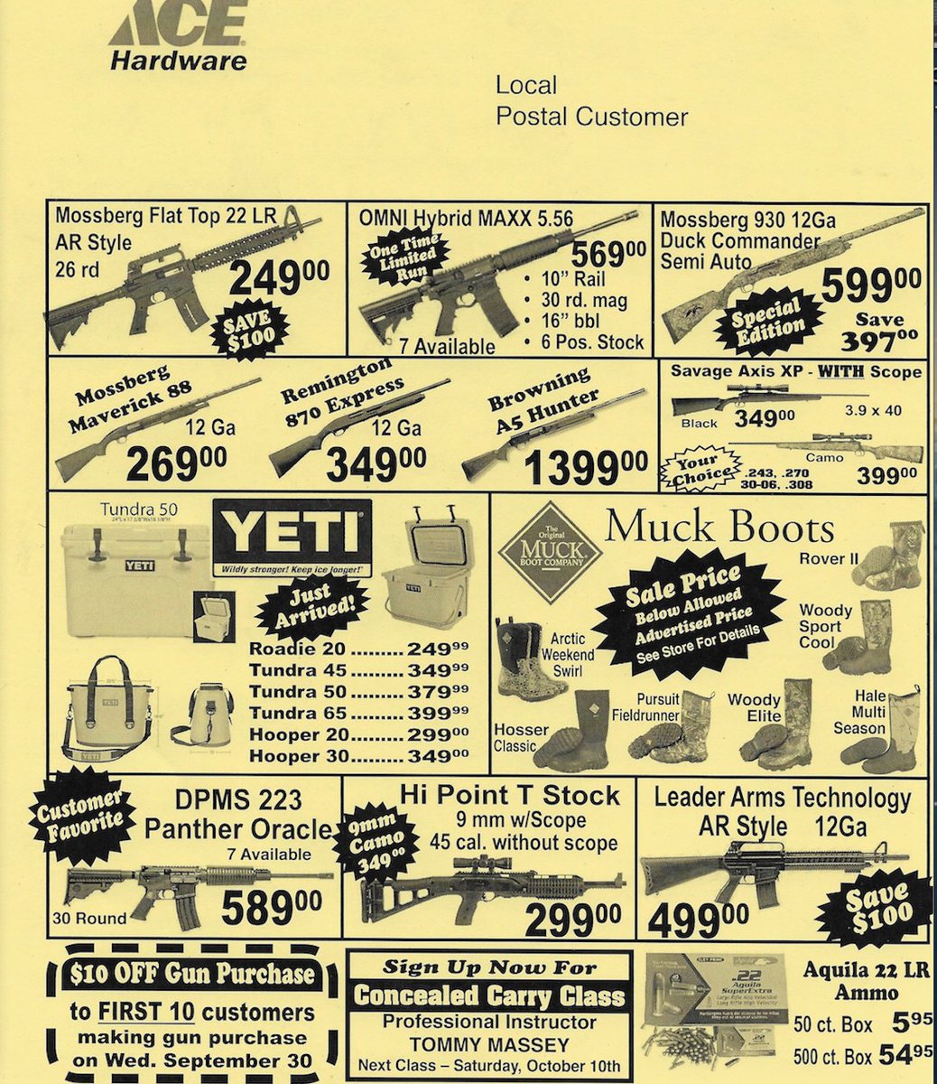 RockysPride's tweet photo. Here's a direct mailer from @AceHardware . . . years ago, they only dealt with hunting rifles (allowed by the Dept of Natural Resources for hunting). Then things got ridiculous . . . stoped shopping at #AceHarware stores🙄
Do like @DICKS Sporting Goods new stance👍
#GunSense #NRA https://t.co/edvnkg4xly