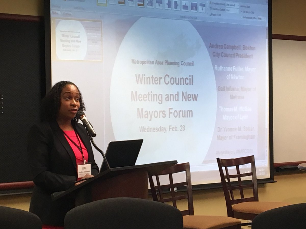MAPCMetroBoston's tweet photo. Andrea Campbell @CampbellforD4 starts off the council meeting, talking about racial equity, MAPC’s work, and looking at issues through a regional lens. #MAPC2018 https://t.co/I98LFC99Hz