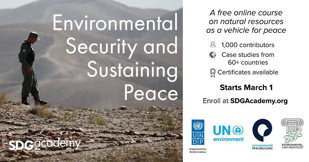 UNEP_Europe's tweet photo. Join @SDG_Academy to discover how protecting #NaturalResources and the #environment can help prevent #ViolentConflicts! The ten-week online course starts tomorrow.
Click here to enroll: https://t.co/s1mppBCnfI  #SDG6 #SDG13 #SDG14 #SDG15 #SDG16 https://t.co/GpkBtU9zsy