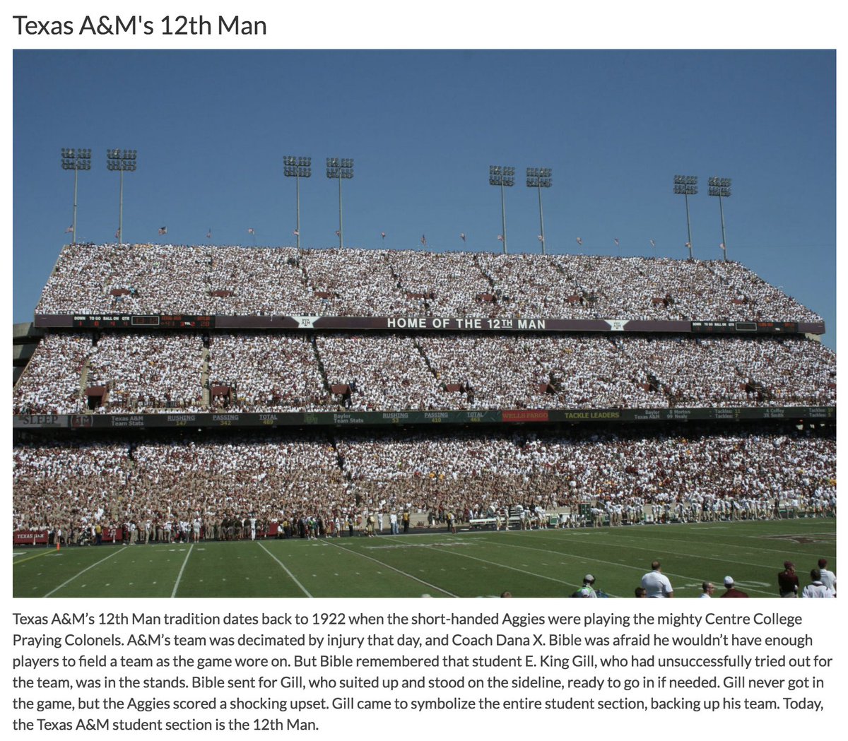 Did you know Texas A&amp;M’s "12th Man" tradition originated in 1922 when the Aggies were playing the legendary #CentreCollege Colonels? Read more about the role <a href="/CentreFootball/">Centre College Football</a> played in this roundup of great traditions in college sports: bit.ly/2HPI06u <a href="/CentreAthletics/">Centre Colonels</a>