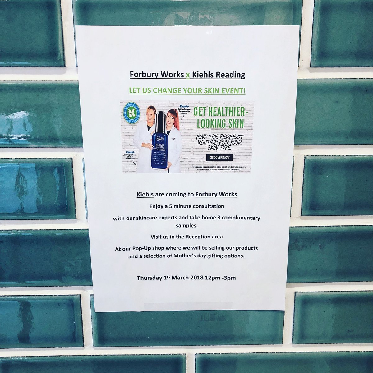 ForburyWorks's tweet image. ‘Let us change your skin event’ by @KiehlsUK - Thursday 1st of March, 12-3 pm. Free 5 min skin consultation &amp;amp; 3 complimentary samples! See you tomorrow? #corporatereception #welovesamples #kiehls