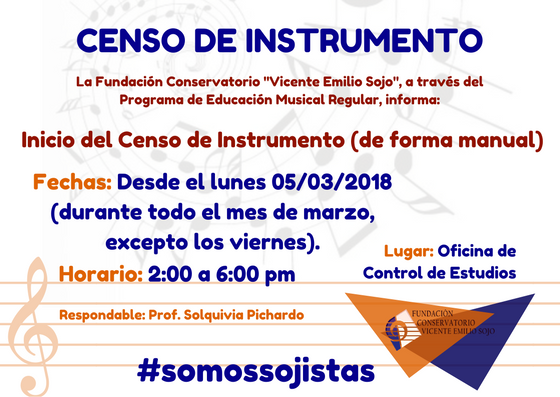 Conser_VES's tweet photo. Marzo para Censo de Instrumento #somossojistas #Conservatorio #ConservatorioVicenteEmilioSojo #música #FCVES #28Feb #Año2018 #ProgramaRegular #instrumento @gobiernodelara @gestionperfecta https://t.co/c7IlM7YHiK