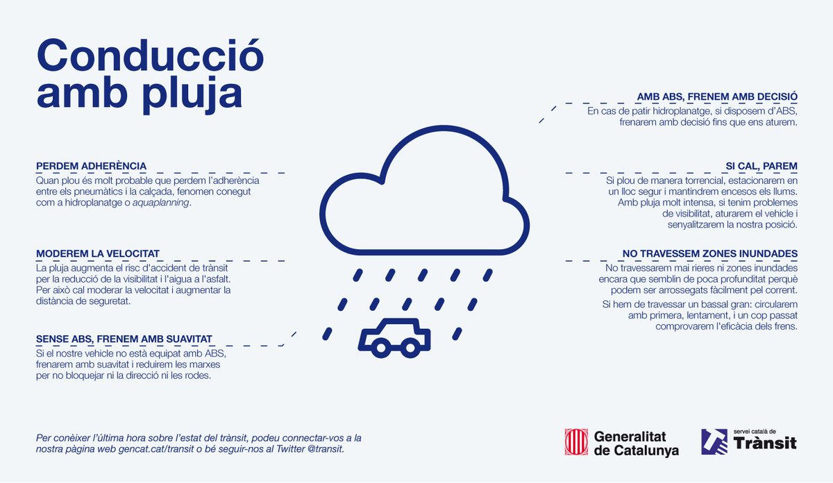 transit's tweet photo. ⚠️⚠️⛈⛈ La #pluja augmenta el risc d'accident de trànsit per la reducció de la visibilitat i l'aigua a l'asfalt. Modereu la velocitat ❗️❗️
Reviseu aquests consells👇 https://t.co/bbZbWehMY6