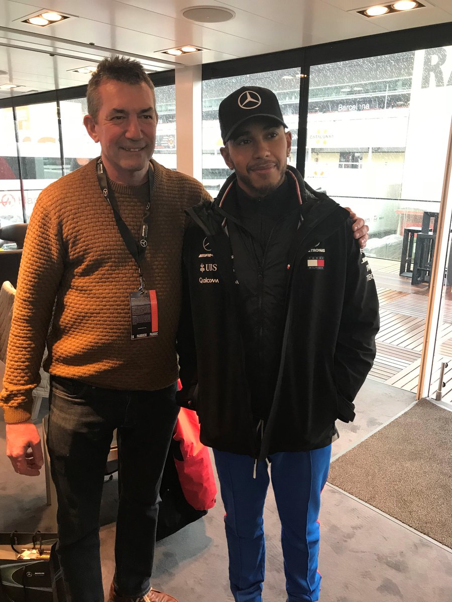 SolarComms's tweet photo. Whilst the snow may have put a slight dampener on the day, at least Pete was able to brighten Mr Hamilton's day - every cloud has a Solar lining after all! (See what we did there ;)) #F1 #Barcelona #Racing #LewisHamilton #Mercedes https://t.co/keADjbF3yk
