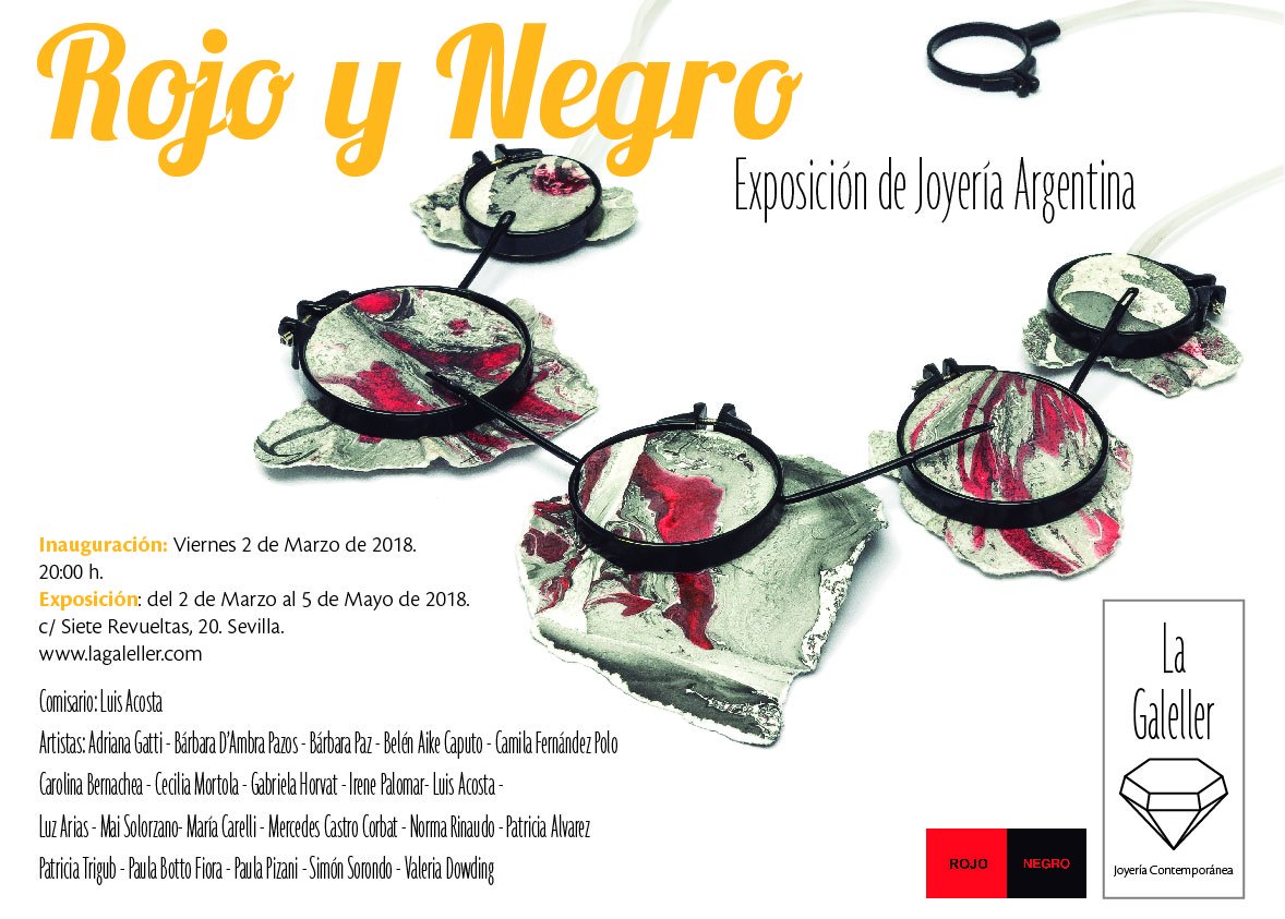 MariaCarelli's tweet photo. Este viernes inaugura Rojo Negro, exposición de joyería argentina curada  por Luis Acosta, en La @LaGaleller , Sevilla. Participo con algunas  piezas. https://t.co/W3kqFNqHWq