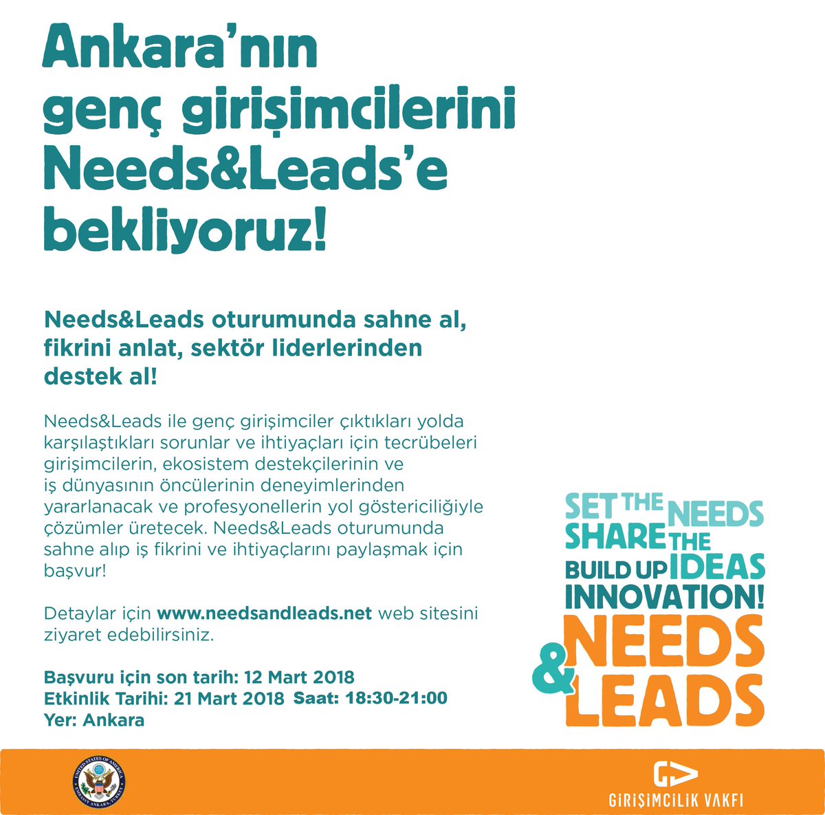 Ankara'daki genç girişimcileri Needs&amp;Leads sahnesine bekliyoruz! Fikrini anlat, sektör liderlerinden destek al! 

Needs&amp;Leads Ankara'da sahne almak için hemen başvuru formunu doldur. Detaylı bilgi websitesinde. needsandleads.net