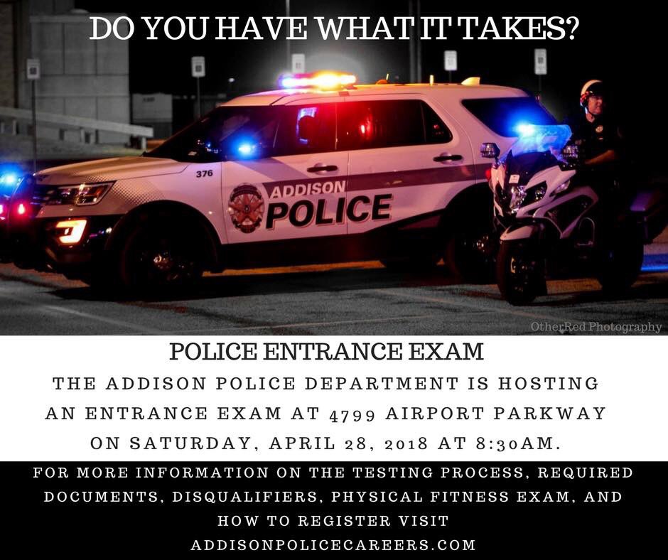 Addison_PD's tweet photo. HIRING POLICE OFFICERS!

The Addison Police Department is hosting a police entrance exam.
Applicants MUST submit a Personal History Statement and pre-register. For more information visit https://t.co/cm5L15a6bR https://t.co/JiYdBtoY8j