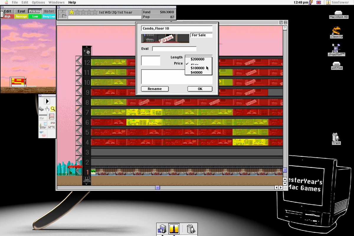 YYsMG's tweet image. Early Game #SimTower when every penny counts (to avoid sat on your arse waiting for more funds) is made quite annoying when Sims instantaniously move into whatever it is, before the price of it can be raised. The yellow ones are those that I couldn't catch in time :P #retrogaming