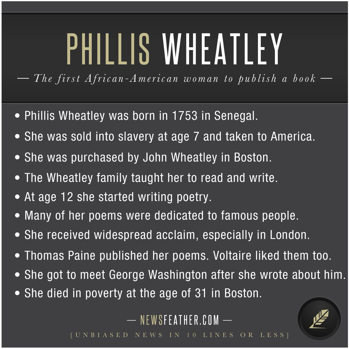 JHF_Center's tweet photo. TODAY in Black History: poetess Phillis Wheatly, the first African-American woman to publish a book, passed away in 1784. #TodayInBlackHistory #BlackHistoryMonth  #BlackHistory https://t.co/ER34umw8pF