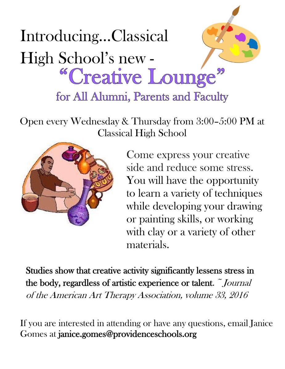 classicalhsaa's tweet image. The CHS Art Department proudly announces the Creative Lounge! The Creative Lounge meets Wednesdays and Thursdays starting today from 3 - 5 PM. Reduce stress and get creative! The Creative Lounge is free. Be sure to check it out in Room 224!