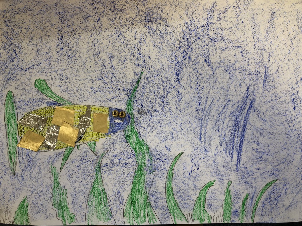 MissTraineeT's tweet photo. So proud of my year 1s in my first art medium term planning. You can see their progress using a different ‘sideways’ technique in their work to create an underwater effect! #proud https://t.co/X37OSwXwmr