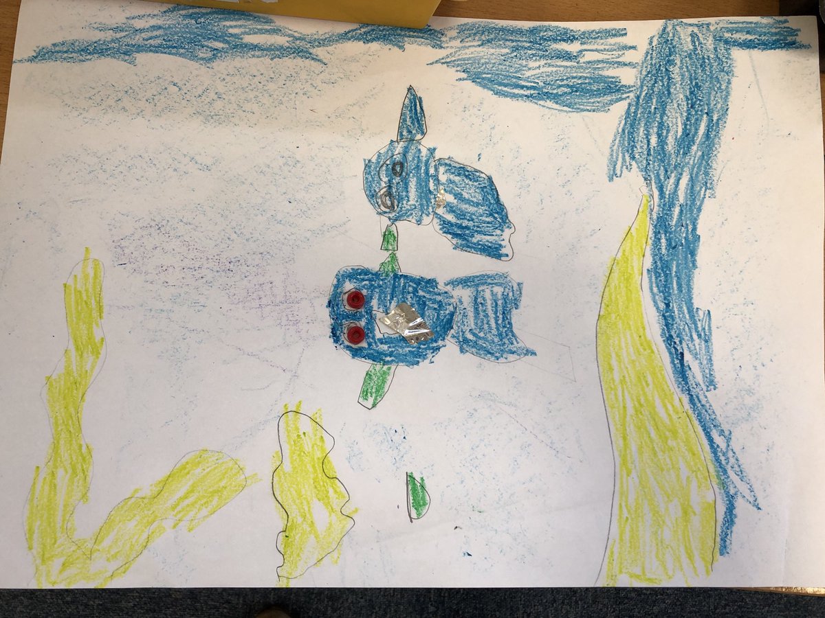 MissTraineeT's tweet photo. So proud of my year 1s in my first art medium term planning. You can see their progress using a different ‘sideways’ technique in their work to create an underwater effect! #proud https://t.co/X37OSwXwmr