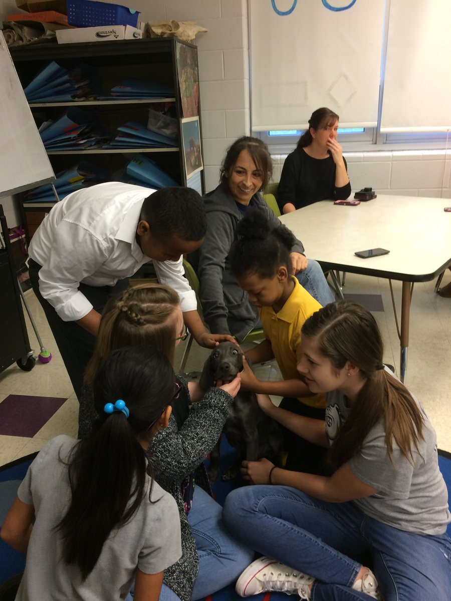 Principal__FES's tweet photo. Puppy therapy with Ms Maraman’s room! Many lessons learned!#FairdaleWorld https://t.co/8zbrFoDZyC