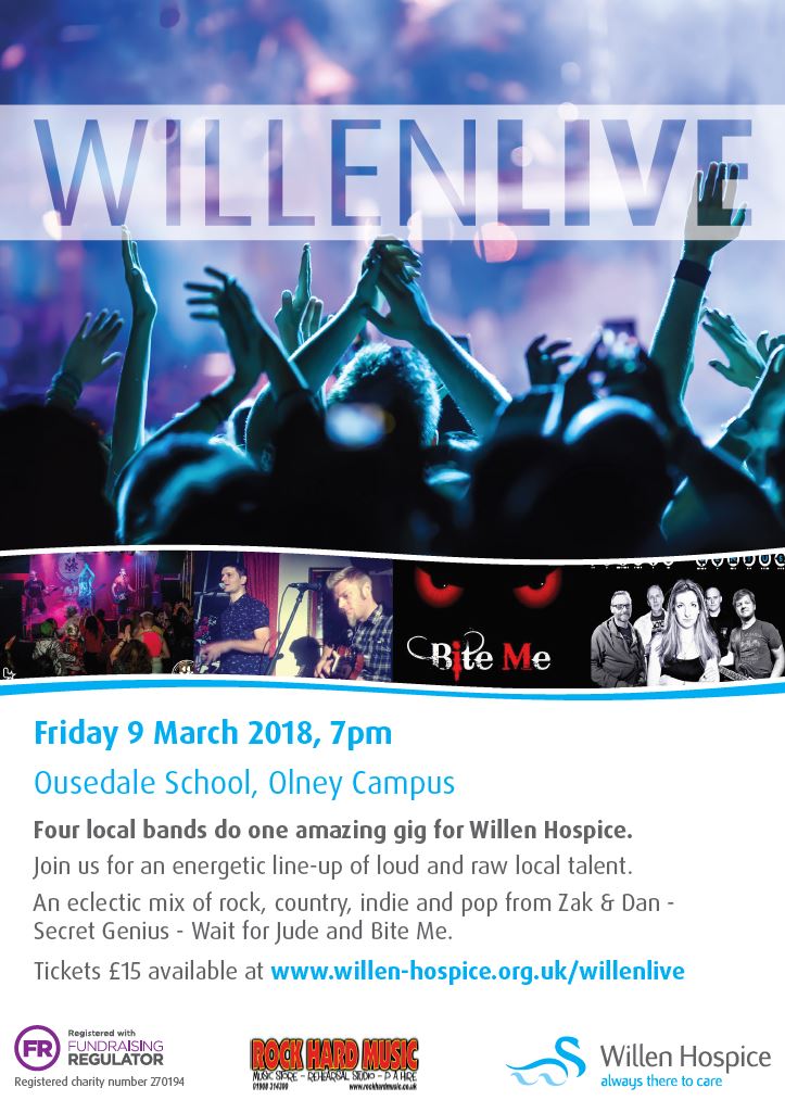 willenhospice's tweet photo. It's going to be loud...really loud! Join us for a night of amazing #music at #WillenLive where four local #bands will rock the night! #Olney @Ousedale#BiteMeRockBand, #SecretGenius #ZakandDan and #WaitForJude. Book now at just £15 per ticket for this unmissable #gig. https://t.co/T5484lDmCm