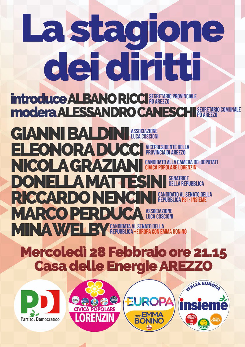 Questa seraì, ore 21:15, sarò ad Arezzo alla Casa delle Energie per parlare della stagione dei Diritti come rappresentante di <a href="/Piu_Europa/">Più Europa</a>. Come anche Gianni Baldini, <a href="/eleducci/">Eleonora Ducci</a> <a href="/donemattesini/">Donella Mattesini</a> <a href="/nicgraziani/">Nicola Graziani</a> <a href="/Perdukistan/">Marco Perduca</a> <a href="/NenciniPsi/">Riccardo Nencini</a> Albano Ricci e Alessandro Caneschi. Vi aspetto!