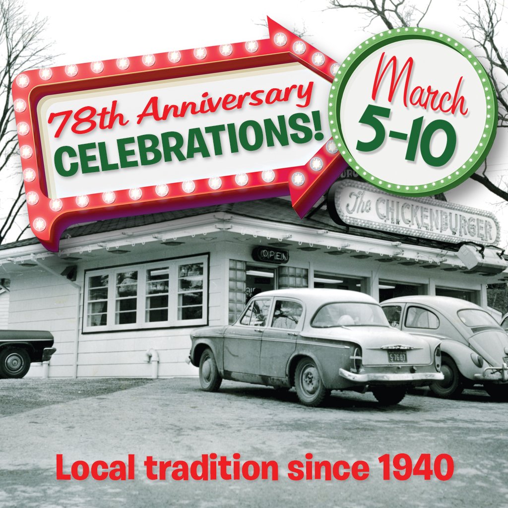 thechickburger's tweet photo. We're turning 78 years young next week! Stay tuned for some amazing retro pricing deals & a HUGE prize giveaway! 🐔🍔 #chickenburger78 #ilovelocalhfx #eatlocalhfx #localhalifax #Halifax #HalifaxTradition https://t.co/Hmc8h0JJX9