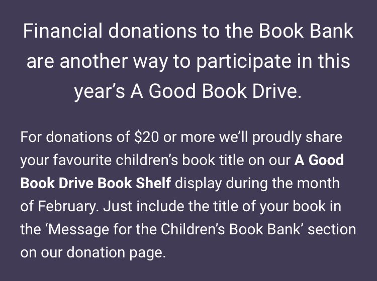 AGoodBookDrive's tweet photo. In 2017 @BookBankCanada gave away over 125,000 books to children across #Toronto! It costs around $2.00 to process each book they give away.
Another way to help during #agbdTO is to make a donation to @BookBankCanada, a registered charity: https://t.co/NxZep5lT04 📚❤️ https://t.co/X2eehvCe02