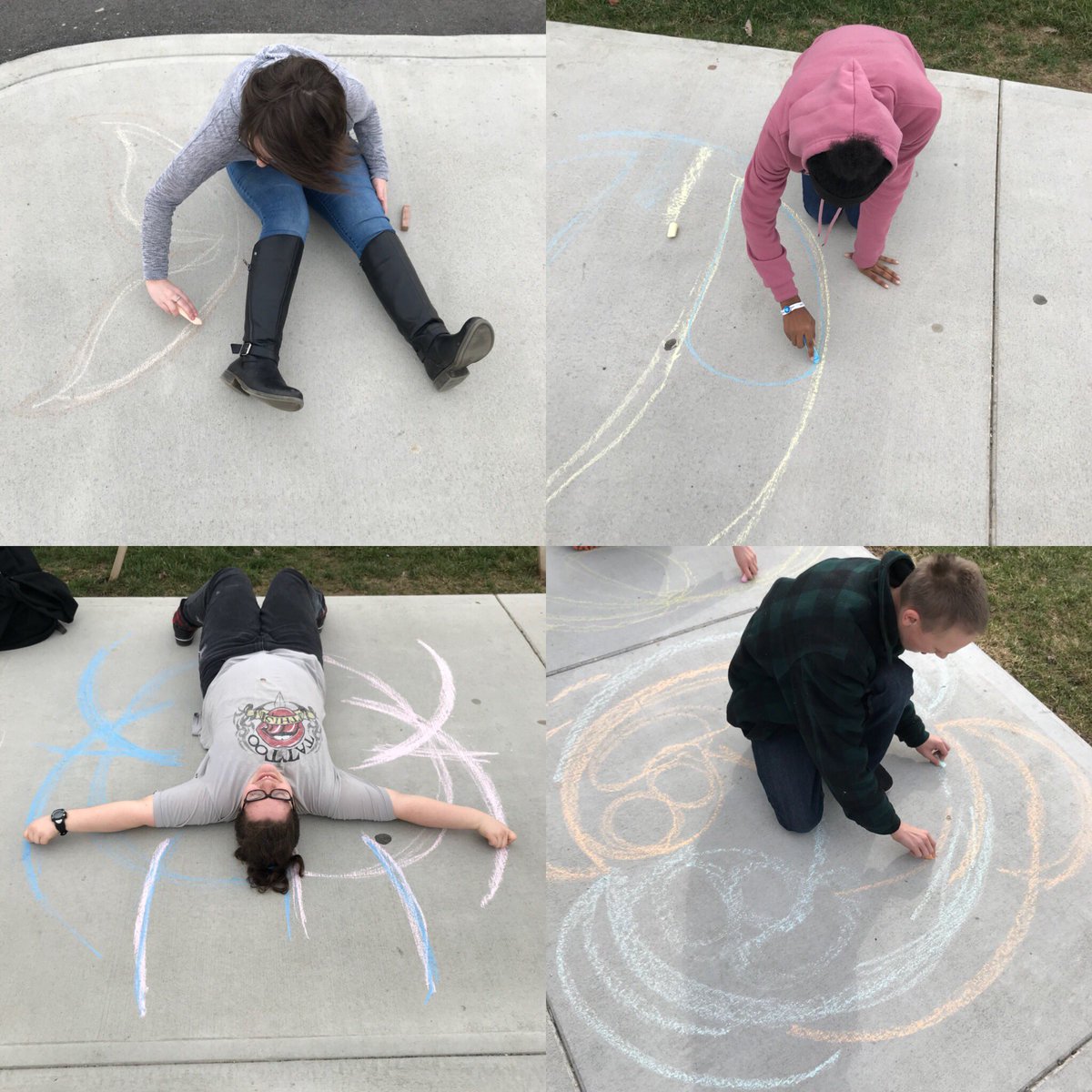 MsWands_ArtRoom's tweet photo. A few art one classes are replicating Contemporary Artist, Heather Hansen by creating movement drawings with chalk in front of MHS!! #kinestetic #movementdrawing #HeatherHansen #mswandsartroom #MiddieArt #MiddieRising @MHSMiddieTweets @MCSDSuper https://t.co/9uCzUpllvs