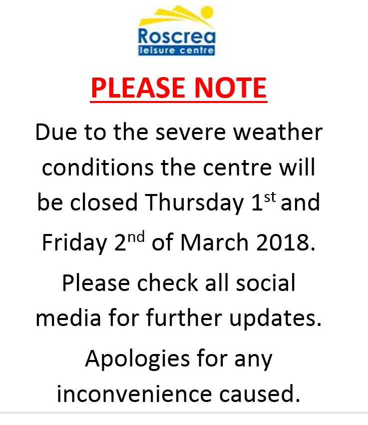 Roscrealc1's tweet photo. PLEASE NOTE #snow #weather #swimming #gym https://t.co/GYzJ6chcXT