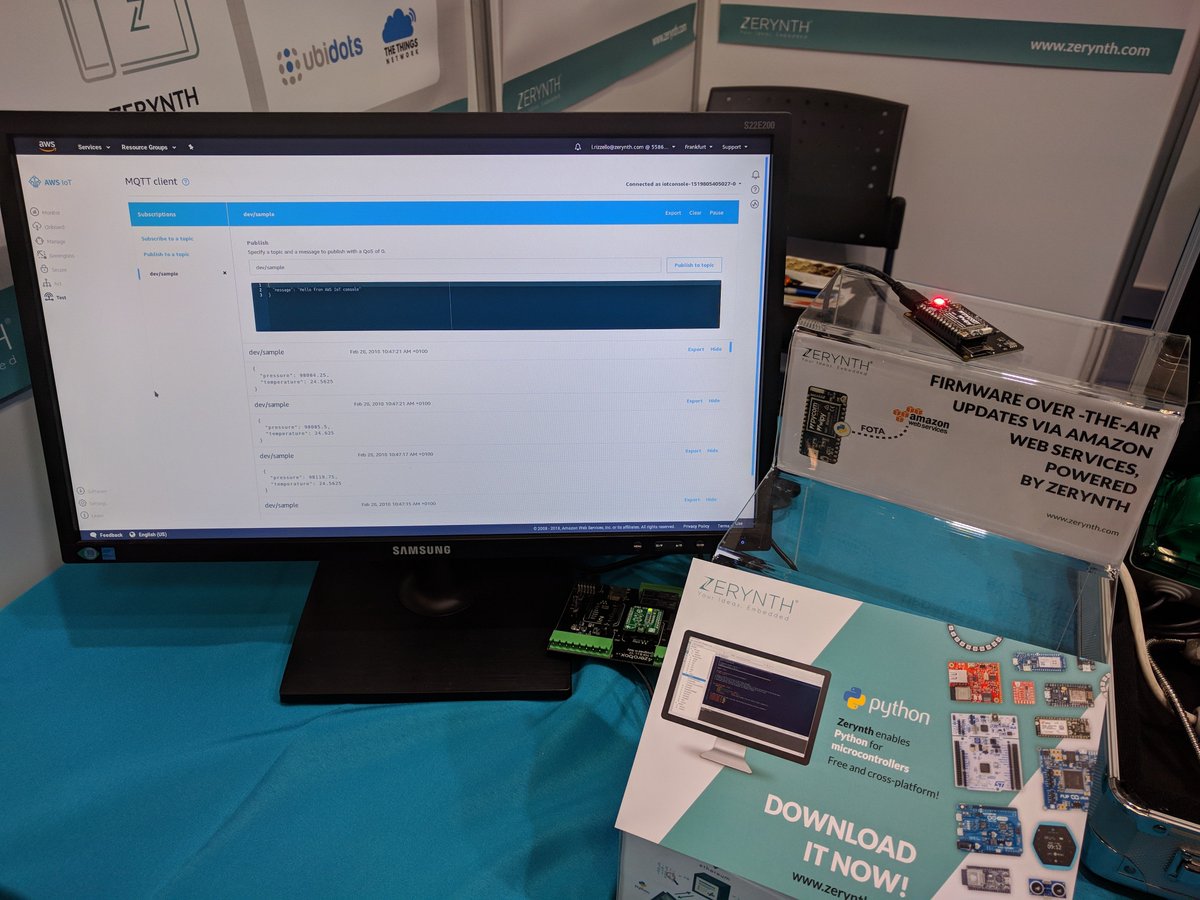 Zerynth's tweet photo. "#Firmware Over-The-Air updates via @awscloud on #WiPy board"
The board, made by @pycomIOT and based on #ESP32 by @EspressifSystem, is programmed in #Python using @Zerynth.
Come to see a live demo at #EmbeddedWorld 2018 #ew18 (Hall 4, stand 282). https://t.co/HCwz8PIy94